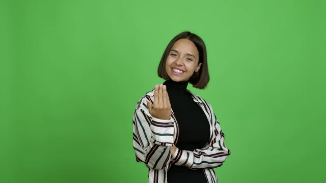 Woman presenting and inviting to come with hand over isolated background