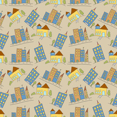 pattern seamless kids with building doodle element. pattern seamless kids with building and garden doodle element