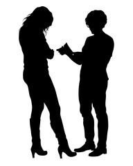 Young man and woman walking at street. Isolated silhouette on a white background
