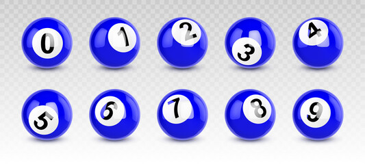 Blue billiard balls with numbers from zero to nine. Vector realistic set of shiny balls for pool game or lottery. Glossy spheres with reflection and shadows for leisure playing and sport competitions