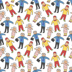 Naklejka premium pattern seamless kids with adults doodle element. Medical people seamless pattern. Healthcare print. . Biology and first aid teacher. Cartoon doodle characters of doctors and medical equipment