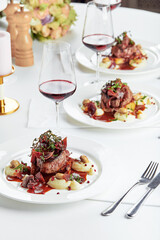 Gourmet appetizer: Beautifully decorated catering banquet foie gras with berries