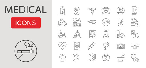 Medical Related Vector Line Icons Set. Contains such Icons as MRI, Prescription, Surgery, Wheelchair, Special Diet, Hospital Locator, No Smoking Sign, Hospital, Stethoscope and more. Editable Stroke.