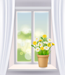 Window in interior, spring, flower pot with flowers daisy and dandelions on windowsill, curtains. Vector illustration template, isolated realistic, banner