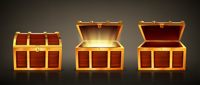 Premium Vector  Set of wooden chests with open and closed lid, full of  shining golden coins and empty. pirate treasure, 3d vintage coffers  collection isolated on dark background. realistic vector illustration