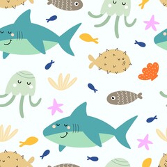 undersea seamless pattern with cartoon sharks, fish, octopus, shells, starfish. Colorful vector flat for kids. hand drawing. baby design for fabric, print, wrapper, textile