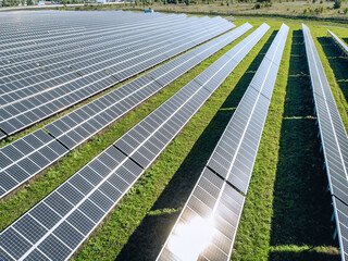 Solar panels at bird's eye view. Huge amount of solar panels to create clean energy. Energy concept