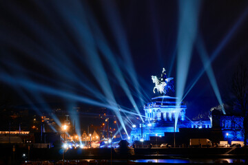 Statue of Wilhelm I. at Deutsches Eck in Koblenz where Mosel and Rhine meet lit up for a celebration