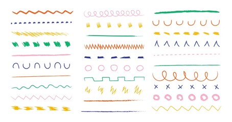 Hand drawn colorful doodle line set. Vector underline pencil strokes, cartoon abstract decorative frame dividers and ornament elements