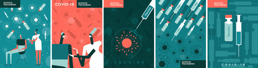 Vaccine and virus vaccination. A set of vector illustrations. A doctor gives a vaccination. A syringe of vaccine kills the virus. - obrazy, fototapety, plakaty