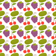fruit pattern with colorful, watermelon, cherries, grapes. Hand drawn various tasty juicy fruits. Trendy illustration. Flat design. Cartoon style. Colored vector seamless pattern. Black background