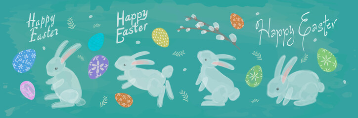 Easter cards, watercolor, vector. Set of vector illustrations for Easter holiday. Little rabbits and eggs in the background.