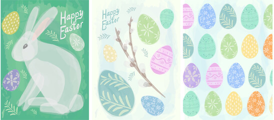 Easter cards, watercolor, vector. Set of vector illustrations for Easter holiday.  Rabbit, willow and Easter eggs.