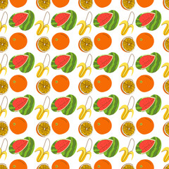 seamless wrapping fruit elements. Retro style fruit watermelon, banana, orange seamless pattern