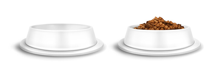 White pet bowls, empty and full of food plate for dog or cat. Vector realistic mockup of blank plastic dish with pile of dry feed for domestic animals isolated on white background