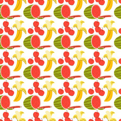 pattern seamless with fruit element. Doodle watermelon, banana, cherry elements. Vector seamless pattern. Hand drawn illustrations.