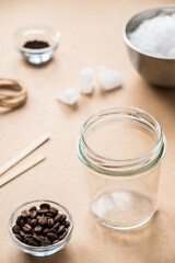 DIY concept. Wax, wooden wick, coffee - an ingredient for making handmade candles.