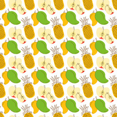 pattern background with three element fruits coloring. Tropic summer seamless pattern with pineapple, mango, apple