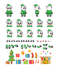 Panda bear in green Christmas outift creation set, various Christmas design elements. Vector illustration bundle