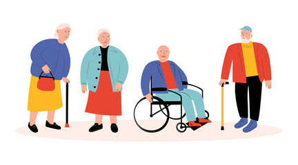 Set of illustrations with disabled elderly people. Vector flat illustration on a white background