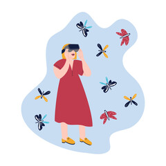 A young woman looking at butterflies in virtual reality glasses. A person using a VR headset. Flat vector illustration