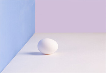 White single egg. Chicken egg with soft shadows on white table. Template for Easter holiday.