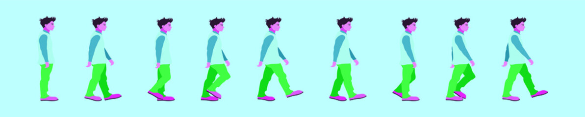 set of boy walking cartoon icon design template with various models. vector illustration isolated on blue background