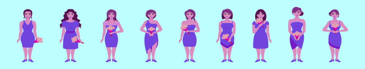 set of bridesmaid cartoon icon design template with various models. vector illustration isolated on blue background