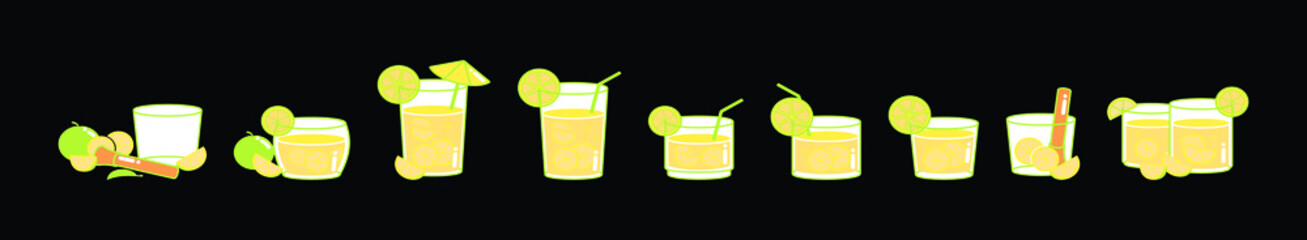 set of fresh drink cartoon icon design template with various models. vector illustration isolated on black background