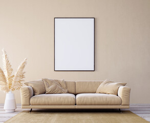 Modern interior design with beige furniture and empty mock up picture frame 3D Rendering