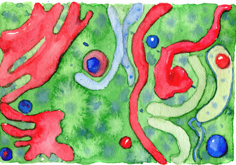 Hand drawn watercolor multicolored abstract illustration. Bright red, green, blue, background from different amorphous shapes.