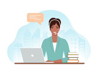 Black beautiful woman with headphones and microphone with laptop. Customer support department staff, telemarketing agents. Online  helpdesk, call center. Vector illustration in flat style. 
