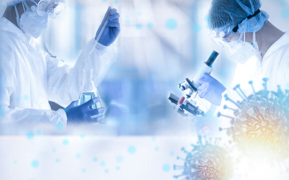 Image LAB  of Coronavirus covid-19 sample test with microscope by biochemical  and  blood sample test in pharmaceutical research laboratory for vaccine  to protect coronavirus covid-19 spreading.