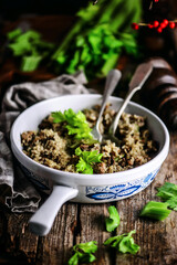 Cajun Dirty Rice in a Frying Pan.style rustic