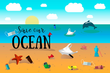 save our ocean. inscription on garbage beach by sea. plastic bag, plastic, bottles, glasses, light bulbs