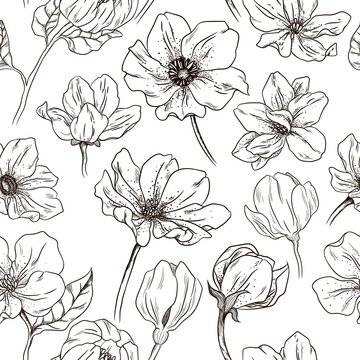 Seamless pattern with detailed flowers in vector