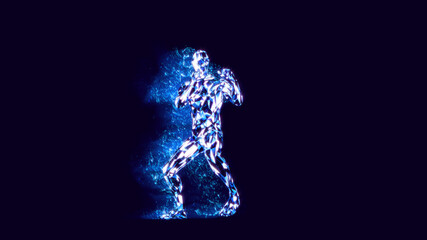 3D rendering of virtual boxer practicing punches close to camera. Blue energy and particles around him.
