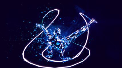 3d render. Virtual low poly dancer rotates his legs.
