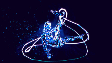 3d render. Virtual low poly dancer rotates his legs.
