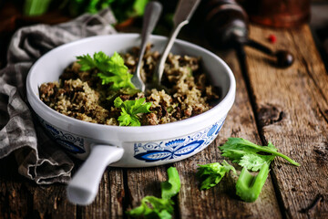 Cajun Dirty Rice in a Frying Pan.style rustic