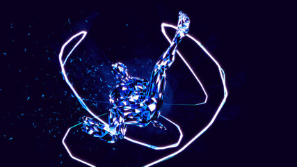 3d render. Virtual low poly dancer rotates his legs.
