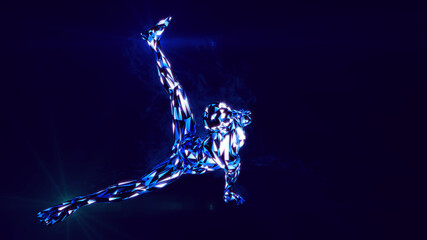3d render. Virtual low poly dancer rotates his legs.
