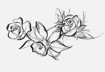 Flower Rose, sketch, painting. Hand drawing. White bud, petals, stem and leaves. Monochrome, Black and white illustration. © Dzmitry Sukhavarau