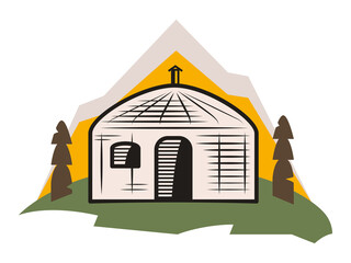 portable house Mongolian yurt with mountains in the background