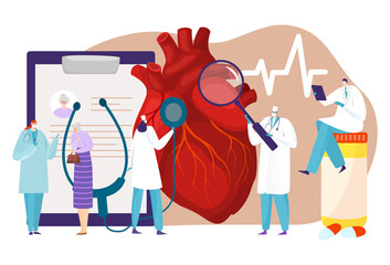Human circulatory system, patient heart disease, medical research, cardiology department, tiny cartoon style vector illustration. Doctor cardiologist, men women in cardiology department, medical staff