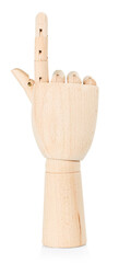 Wooden hand isolated on a white background.