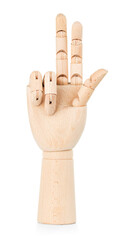 Wooden hand isolated on a white background.