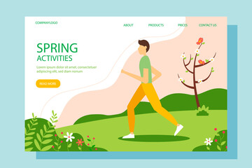 Man jogging in the morning in spring. Template for a healthy lifestyle, exercise, and jogging landing page. Vector illustration in flat style.