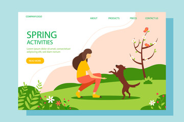 Woman playing with a dog in the park. Landing page template. Conceptual illustration of outdoor recreation, active pastime. Spring vector illustration in flat style.