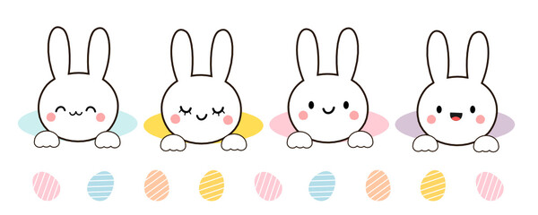 Set of Easter rabbits and eggs on daisy flower garden background vector illustration.